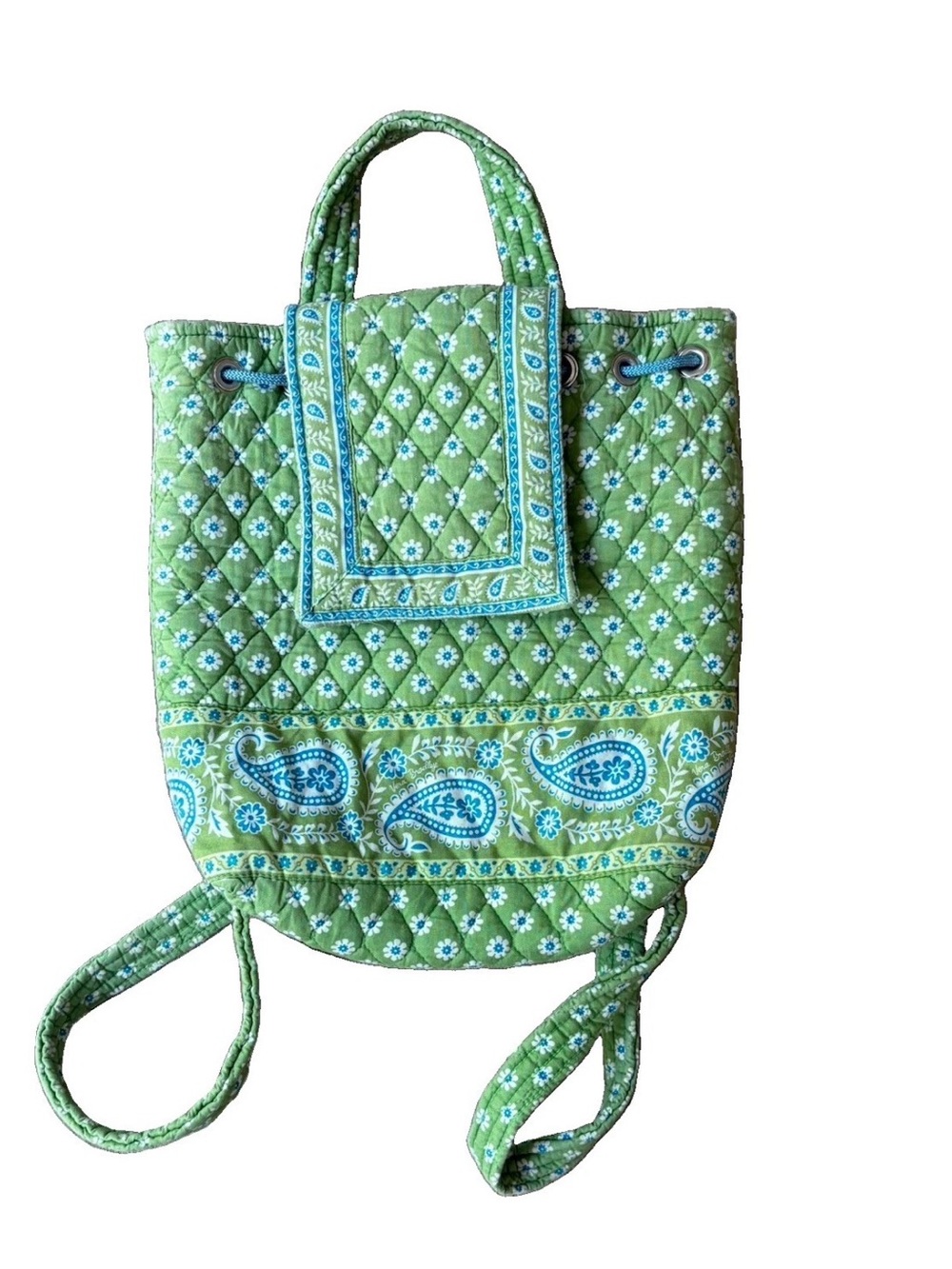 Vintage Vera Bradley Drawstring Backpack Green Apple Pattern Quilted Cotton 2004